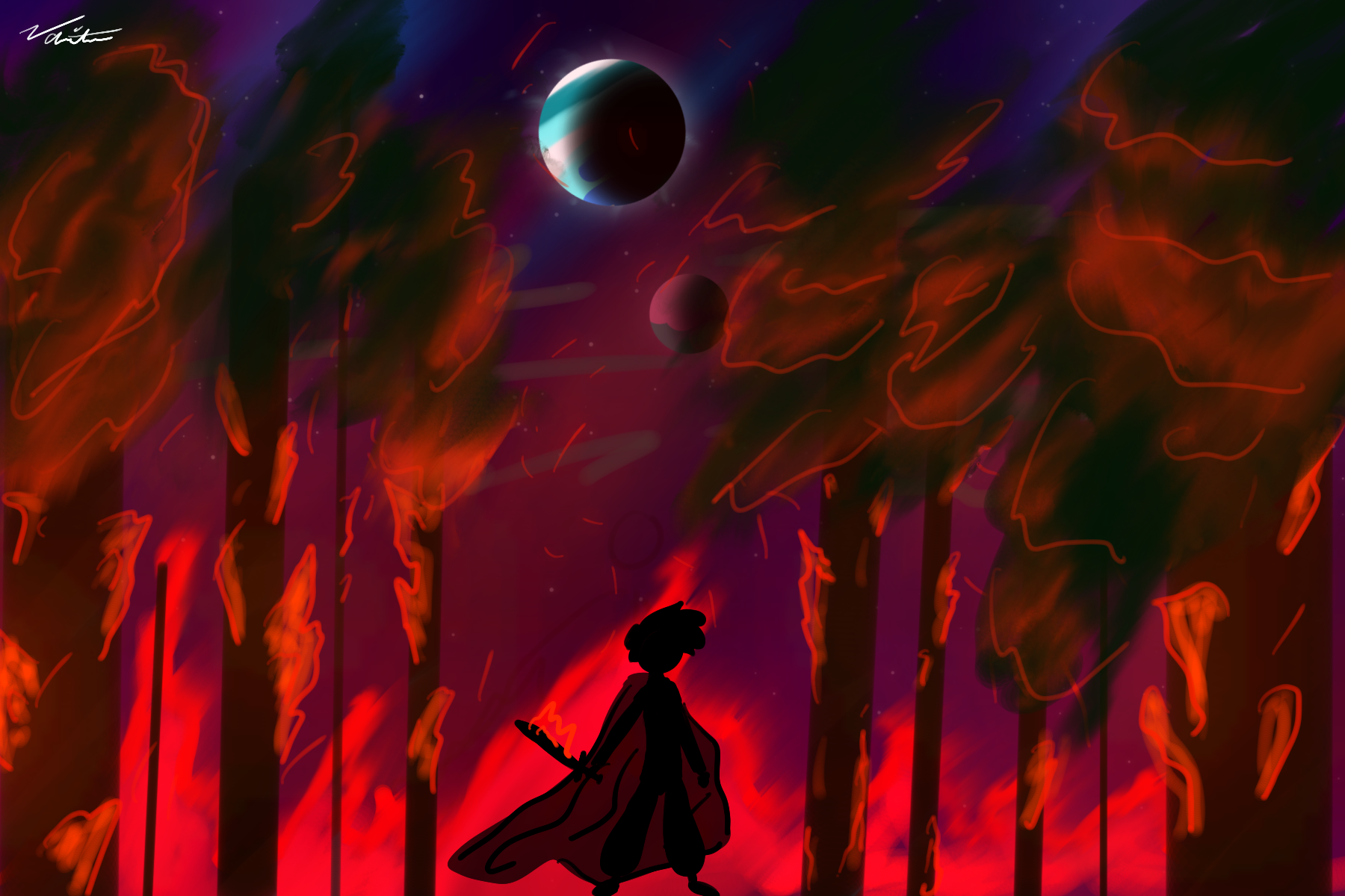 A lone hero walks through a burning forest beneath twin moons, torch in hand